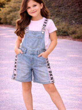 DKNY Girls Denim Shortalls Overalls Logo Tape Light Wash Size 6/8 Small KDS 09